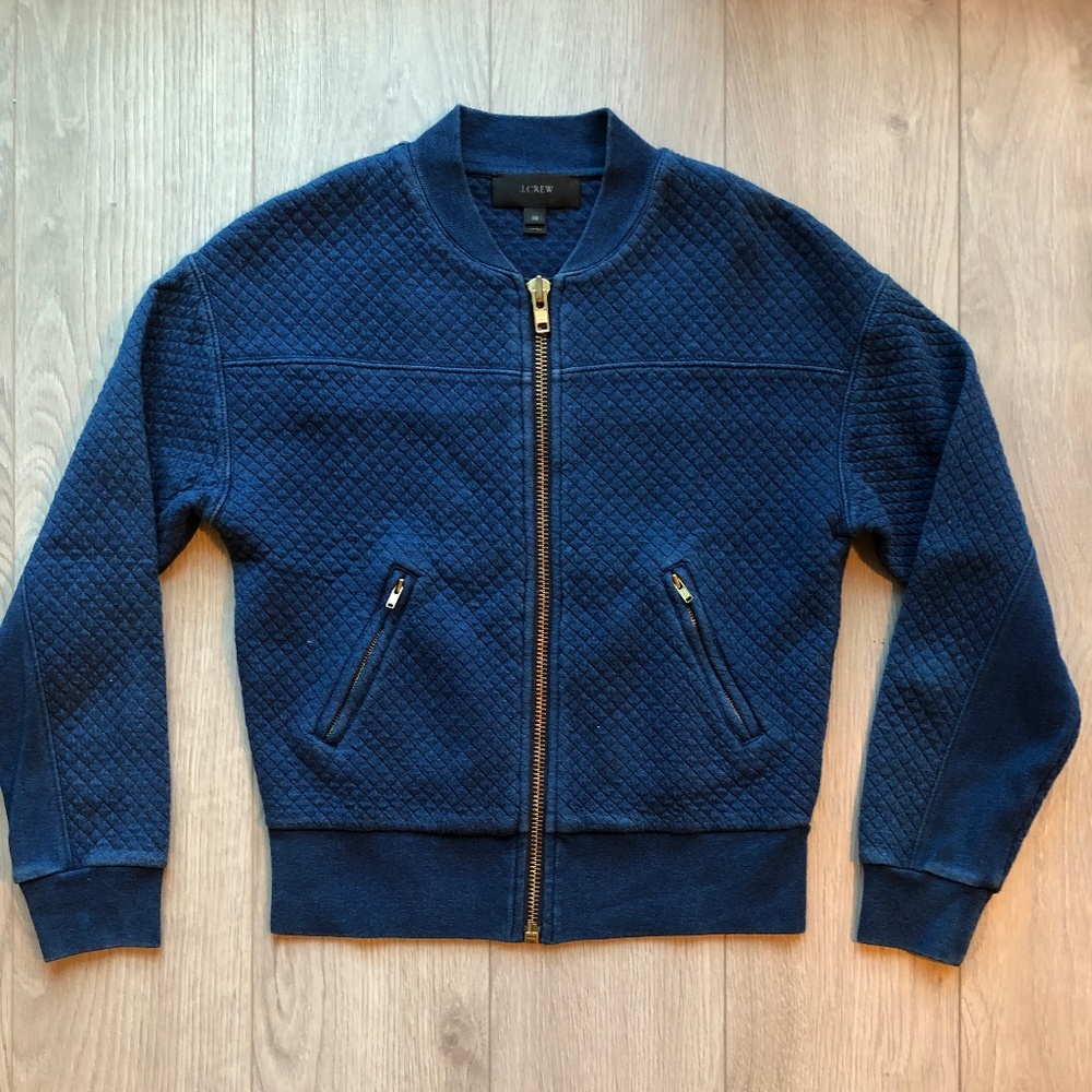 J. Crew Blue Quilted Textured Zip Bomber Jacket